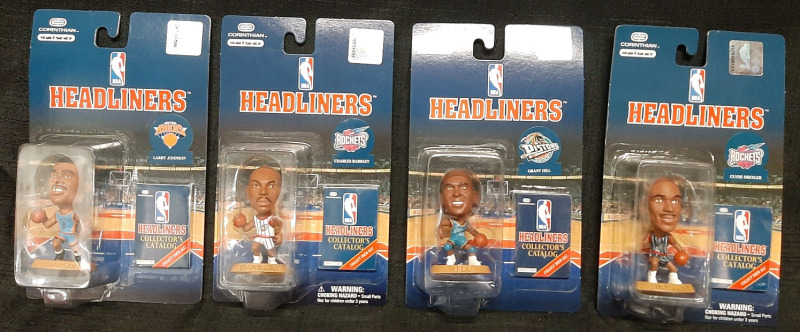 4 Vintage 1996 & 1997 NBA Basketball Corinthian Headliners Figures l Includes Knicks Larry Johnson, Rockets Charles Barkley, Pistons Grant Hill & Rockets Clyde Drexler | All Figures are Roughly 3" Tall