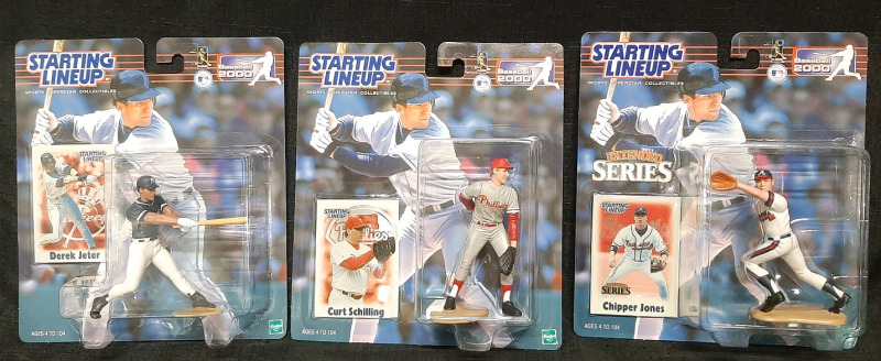 3 2000 MLB Baseball Starting Lineup Figures | Includes Yankees Derek Jeter, Phillies Curt Schilling & Braves Chipper Jones | Figures are Roughly 5"