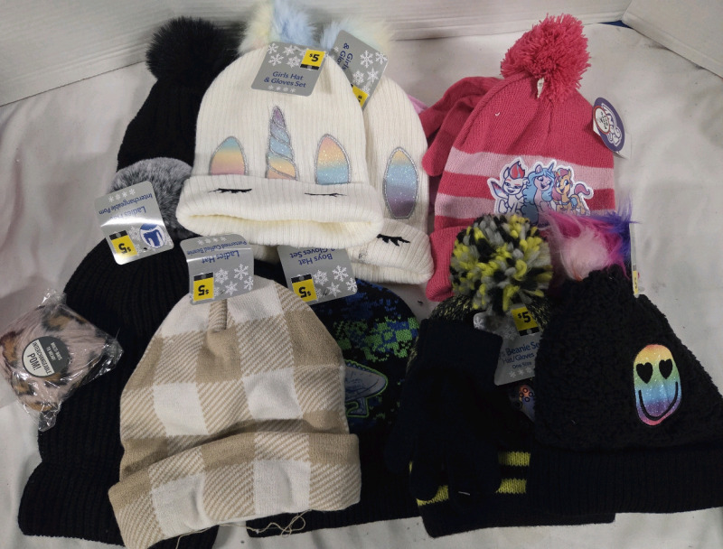 9 New | Assorted Winter Hats For Women & Kids | Some Come w/ Gloves or Interchangeable Pompoms