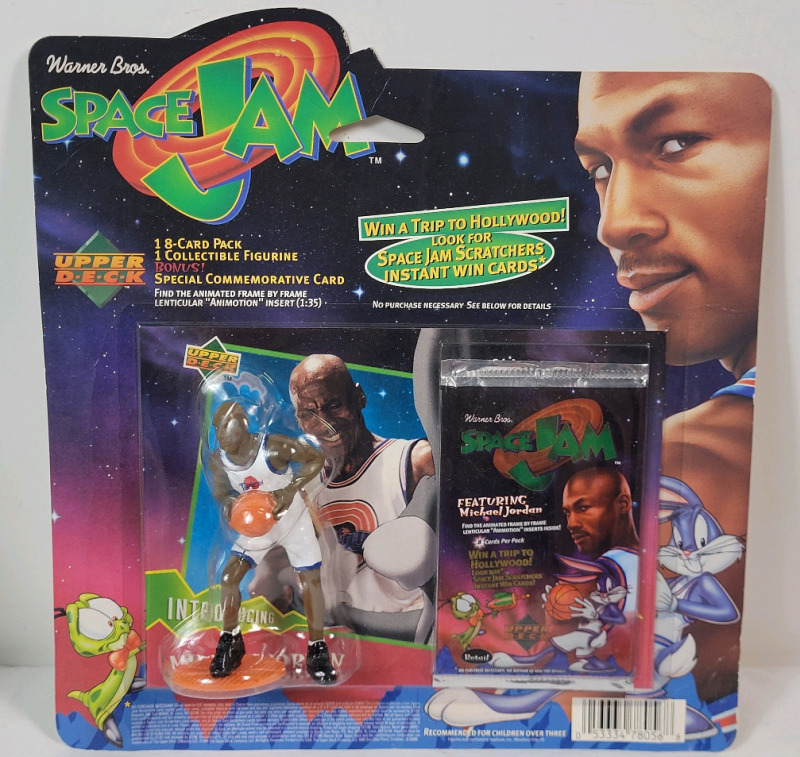 1996 Upper Deck Space Jam Michael Jordan 8 Trading Card Pack w/MJ Figure & Commemorative Card . Sealed on Card Back (blister pack)