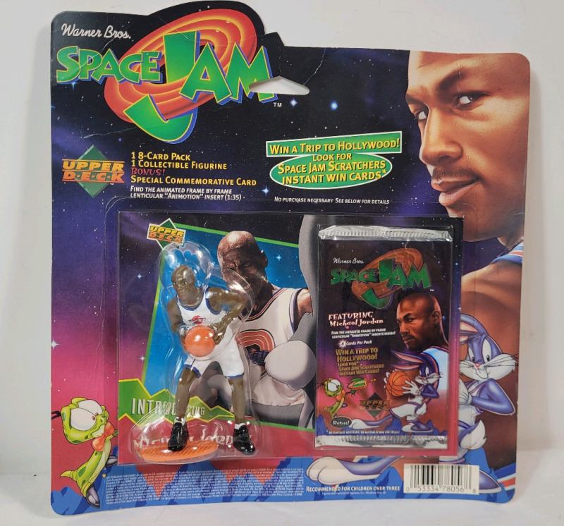1996 Upper Deck Space Jam Michael Jordan 8 Trading Card Pack w/MJ Figure & Commemorative Card . Sealed on Card Back (blister pack)