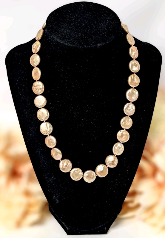 Gorgeous Vintage Tied Champagne Coin Pearl Necklace With Stamped 14K JS Oval Filigree Box Clasp - 18" Long