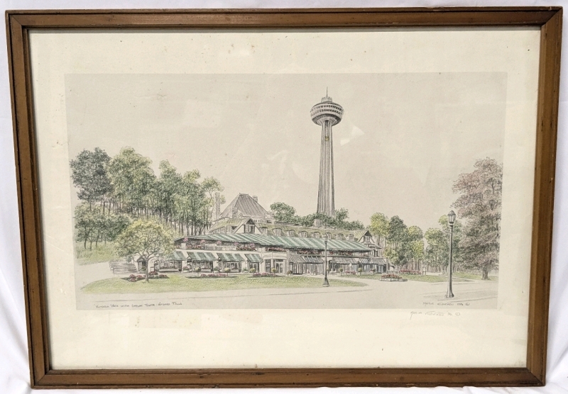 Vintage 1996 Signed Framed Print "Victoria Park With Skylon Tower - Niagara Falls" by Maria - 22" &times; 16" Possibly Hand-Coloured (See Pics)