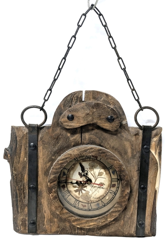 Neat Vintage Signed Handmade Porthole-Style Wood Wall Clock With Dried Pressed Flowers & 4-Leaf Clover - 14" &times; 14.75" Excluding Chain (As-Is, Currently Non-Functioning)