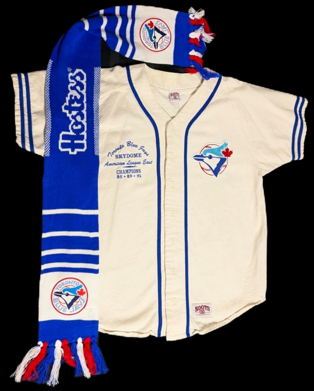 Vintage MLB Baseball TORONTO BLUE JAYS Roots XXL Athletics Canada 100% Cotton Jersey Size Large Embroidered Logo & Vintage Hostess Blue Jays Scarf 47" Long Excl Trim