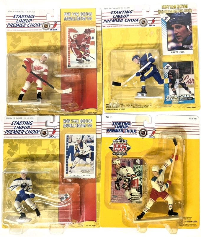 4 Vintage 1994-95 Kenner NHL NHLPA Hockey Starting Lineup : Alexander Mogilny, Adam Graves, Sergei Federov, Brett Hull