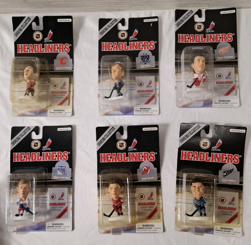 6 Vintage 1998/99 NHL Hockey Headliners : Theoren Fleury, Gretzky, Arnott, Yzerman, Blake & Oates | &lrm;In excellent, as-new condition | Healiner Heights- 3" approx.
