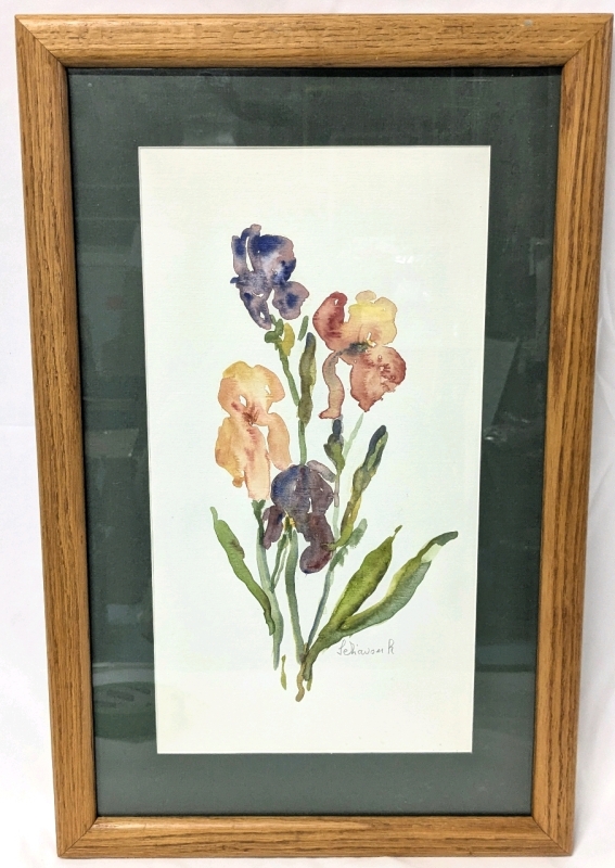 Vintage 1997 Signed Framed Original Italian Watercolour Iris Painting - 14.75" &times; 22.75"
