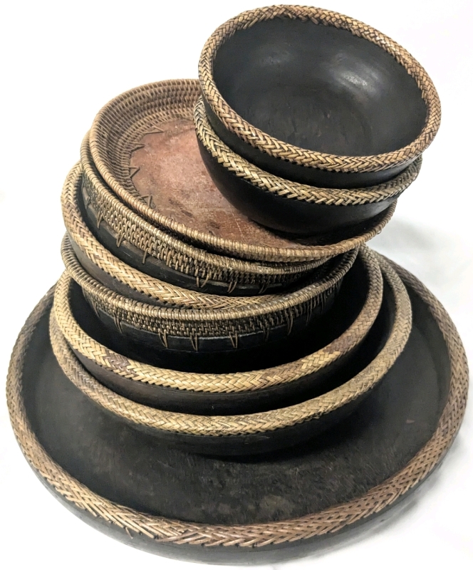 9 Neat Vintage Wooden Bowls With Woven Rims - 6" - 14.5" Diameter