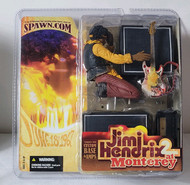 2004 McFarlane Toys Jimi Hendrix 2 at Monterey Action Figure , Complete w/Custom Base & Amps .