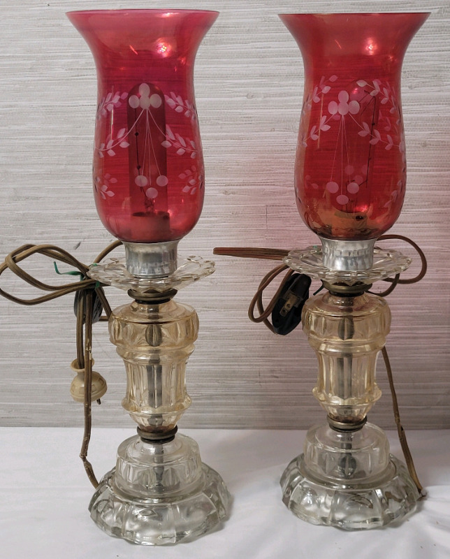 Vintage Pair Cranberry Red Crystal Hurricane Mantle Lamps . Untested, needs new bulbs . Measures 17" tall