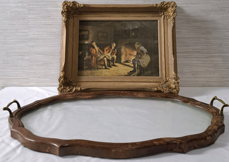 Vintage Flame with Printed "The Landlords Tale" Photo (Measurements- 20" X 16") and Vintage Decoration Tray (Measurements- 26" X 16")