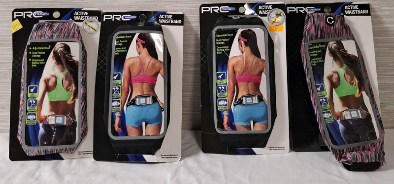 4 New Pro Strength Active Waistbands | Dual Pocket Storage | Fits Most Smartphones & other comparable Devices | Heights- 7.5" approx.