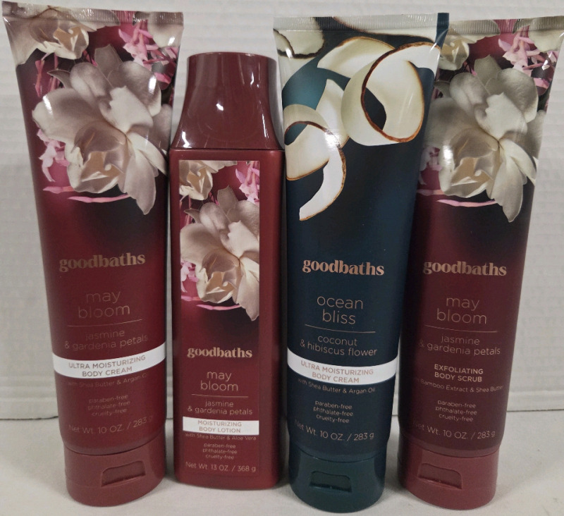 4 New | GoodBaths Products | Includes Body Cream, Body Scrub & Body Lotion | In Scents May Bloon & Ocean Bliss | Largest Measures 368g
