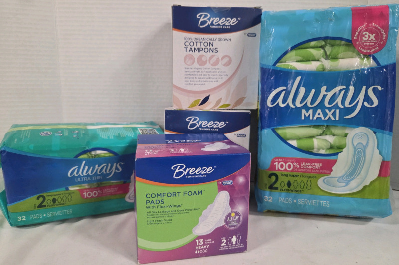5 Boxes New | Feminine Paper Lot | Includes Always Maxi Long Super Pads, Breeze Comfort Foam pads, Breeze Cotton Tampons & Always Ultra Thin Long Super Pads