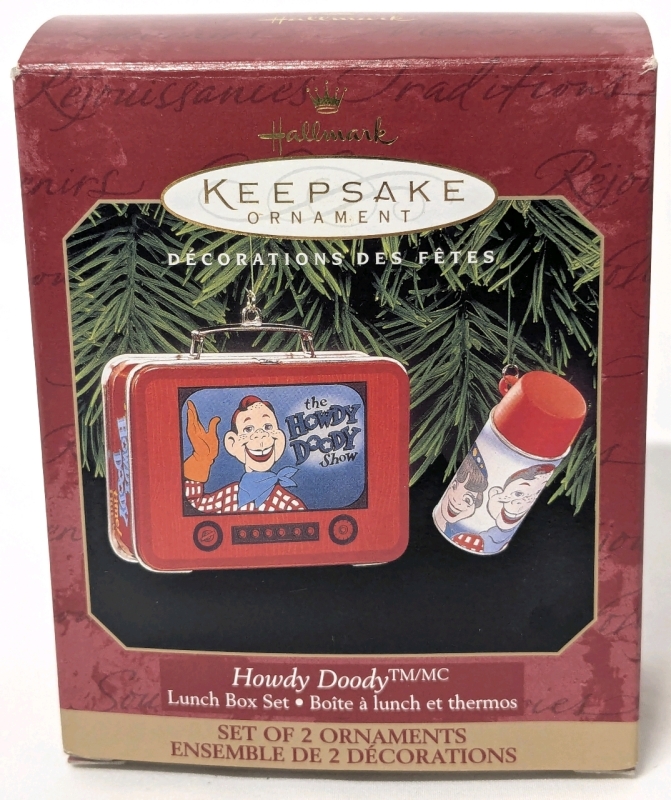 Vintage 1999 HALLMARK Ornaments: Howdy Doody 2pc Tin Lunchbox & Thermos Ornament Set