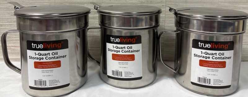 3 New Trueliving 1-Quart Oil Storage Container| 0.946 L each| Stainless Steel