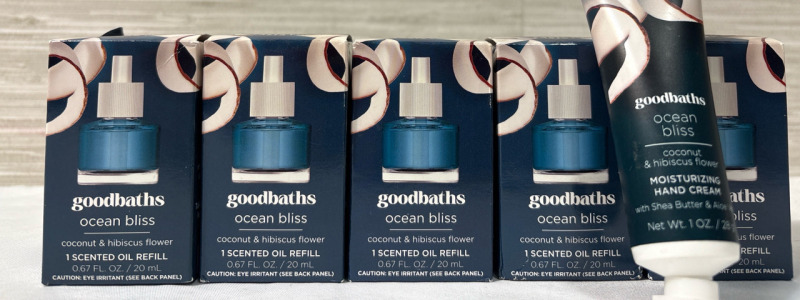 6 New Goodbaths Ocean Bliss Coconut and Hibiscus Flower Scented Oil Refills and Moisturizing Hand Cream| 20ml and 28g each | Best Before Year 2030