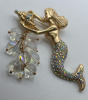 Statement Golden Mermaid Brooch with Rhinestones <br/>Approximately 3.35 x 2.35 inch <br/>Sea Shell with AB resin ? pool of light style drops - 3