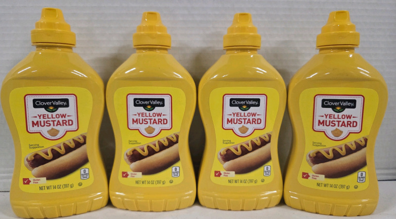 4 New 397g Bottles of Clover Valley Gluten Free Yellow Mustard | BB: 07/22/26