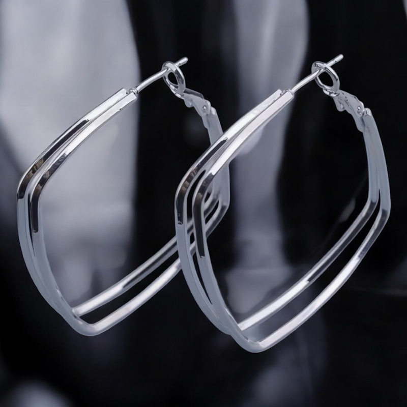 Elegant 925 silver plated double square earrings Faint 925 stamp on posts Approximately 1.75 x 1.5 inch