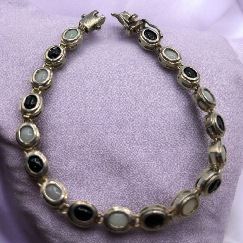 925 Sterling Opal and Black Onyx Line Bracelet with Double Safety Clasp Stamped 7.5 Inches