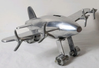 Vintage MCM Cast Aluminum Aeroplane Piggy Bank . Measures 10"&times;15"&times;6" . Missing Bottom Bank Plug & One Propeller Missing Piece .