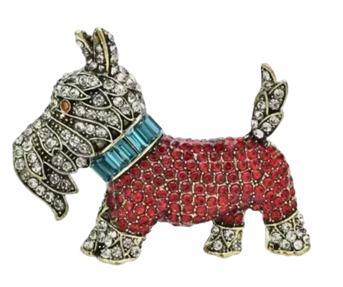 Vintage Rhinestone Scottish Dog Brooch Ruby Red Clear Clusters and teal baguette collar Approximately 2.4 x 1.85 Inch