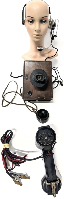 Antique Western Electric Canada Bakelite Railroad Train Phone Wood Box - 9" Tall, Western Electric Operator Headset #52 & BELL SYSTEM Western Electric Buttset Rotary Lineman's Telephone Phone