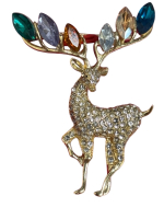 Luxury Rhinestone Deer Brooch with Sparkling Navette Gemstones on Antlers Clear Cluster Body<br/>Approximately 2 x 1.42 inch