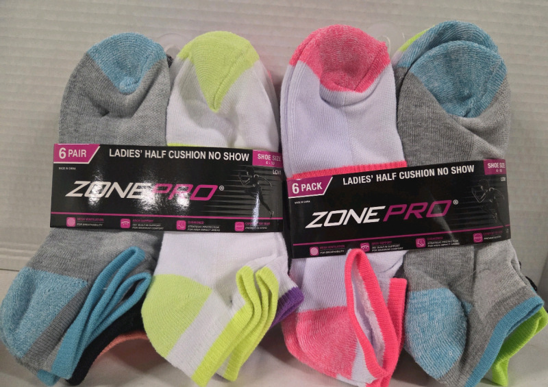 12 New Pairs | Size 4-10 Ladies ZonePro Half Cushion No Show Socks