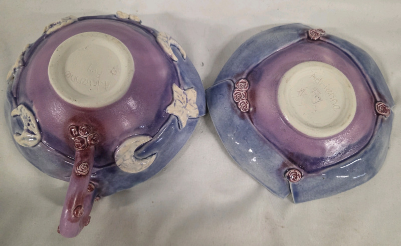New | Uniquely Gorgeous Tea Cup & Saucer Signed Adrienne Fry | Measures 3" x 7"