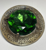 Vintage MIRACLE Signed Large Emerald Green rhinestone glass Scottish Celtic Brooch 2 inch Round Foil Back Stone