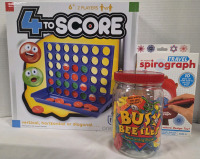 3 New | Board, Puzzle & Create Games | 4toScore, Busy Beetles Neverending Puzzle & Travel Spirograph | Largest Measures 12" Tall
