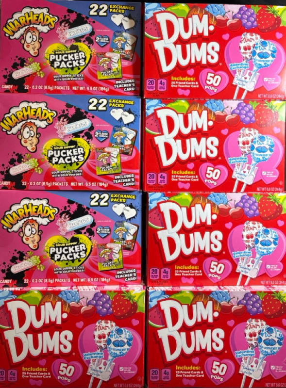 8 New Dum Dums (50 pops in each box and 244g) and Warheads Sour Dippin Sticks (22Exchange Packs and 184g each box)Assorted lot| Best by 12/09/2026