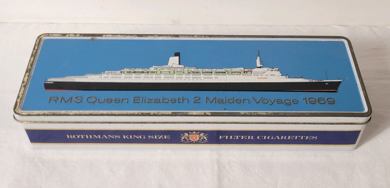 Vintage 1969 RMS Queen Elizabeth 2 Maiden Voyage Rothmans Cigarette Tin . Measures 12"&times;4"&times;2 1/4"