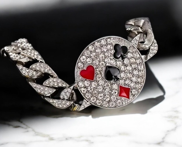 Poker Deck Charm Bracelet Glittery Rhinestone with Ace of Hearts & Spades Design Cuban Link Snap Over Clasp<br/>Approximately <br/>