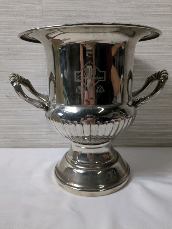 Chrome Trophy Cup or Champagne Ice Bucket with "2000 Celebration" Etched on one side Approx 10x11 inches, 9 inch diameter