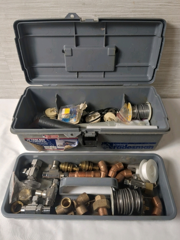 As Is Plastic Toolbox With Various Plumbing Supplies; See photos.