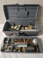 As Is Plastic Toolbox With Various Plumbing Supplies; See photos.