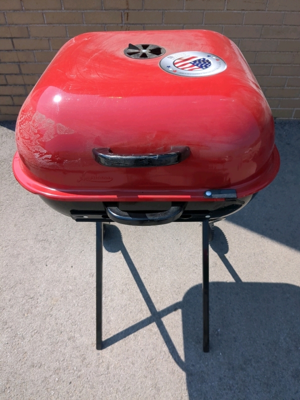 Americana Walk-A-Bout Portable Red Charcoal Grill 3ft Tall, 22x22 inches Wide