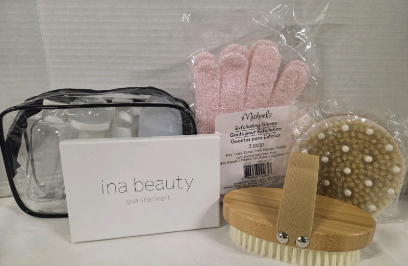 9pcs New | Women's Self Care Lot | Includes Exfoliating Gloves, Travel Beauty Containers & More