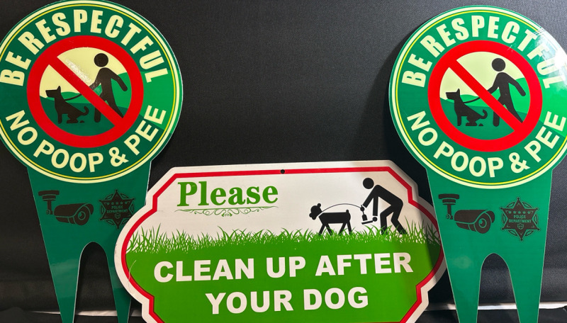 3 New "Please Clean Up After Your Dog & Be Respectful No Poop No Pee" Signs| Largest measures 14"