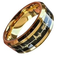 8mm Golden Heartbeat EKG Love Carbon Fibre Inlay Stainless Steel Ring Size 13