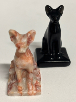 Two Crystal Carving Sphinx Cat Mini Crystal Cat Rhodochrosite and Obsidian Approximately 1.5 x .85 each