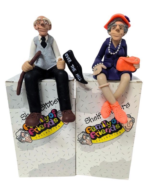 Ha! 2 Vintage D. Manning SHELF SITTERS : Limited Edition Family of Friends Collection : Over The Hill Male & Classy Purple Lady - Approx 7.5" Total Length Each