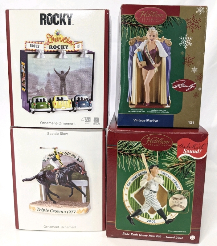 4 Carlton Cards Heirloom Ornaments: Seattle Slee Triple Crown, 2007 Rocky Drive-In Ornament, 2006 Vintage Marilyn Monroe & Vintage 2002 Babe Ruth Home Run #60 With Working Audio