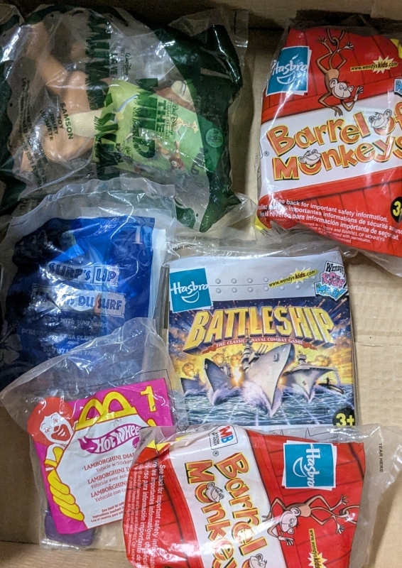 70+ Vintage to Modern Sealed Kid's Meal Toys: LEGO, Polly Pocket, Hasbro Classic Games, Hunchback, Atlantis, SpongeBob, Ty Beanie Babies, Barbie, Emperor's New Groove+
