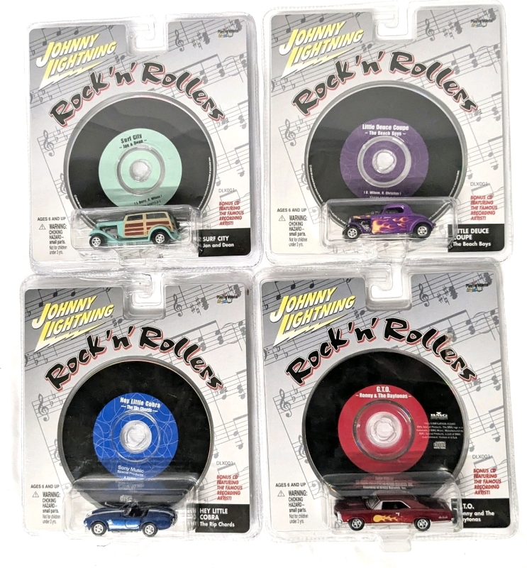 4 Vintage 2000 JOHNNY LIGHTNING Rock 'n' Rollers Cars With Real, Playable CDs! Little Deuce Coup - Beach Boys, Hey Little Cobra - Rip Chords, G.T.O. - Ranny and the Daytonas, Surf City - Jan and Dream