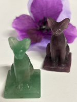 Two Crystal Carving Sphinx Cat Mini Crystal Cat Gren Adventurine and Cats Eye Approximately 1.5 x .85 each